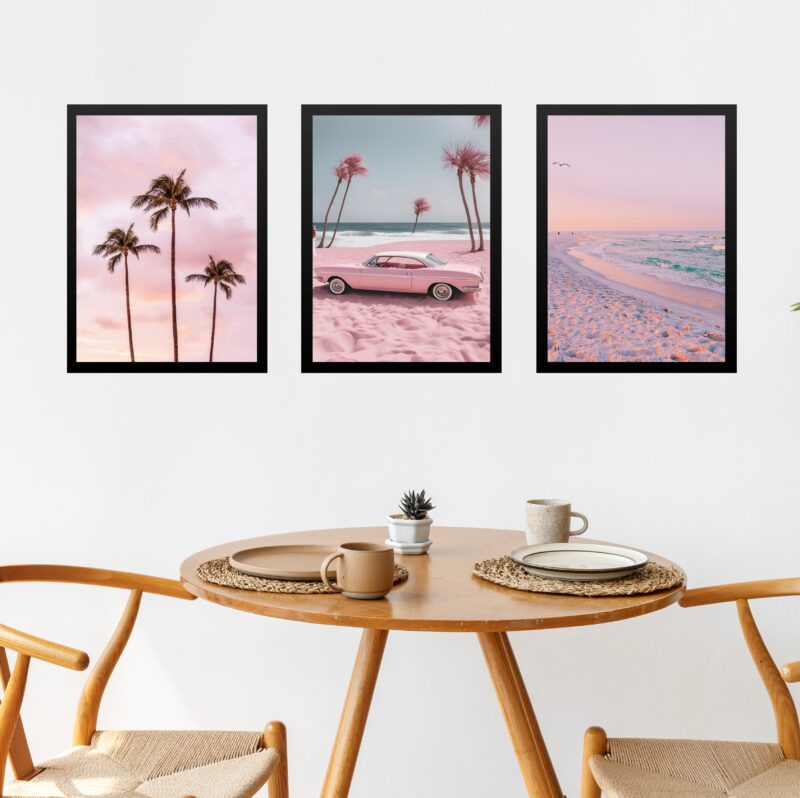 Kit 3 Quadros Decorativos Praia Em Cor De Rosa