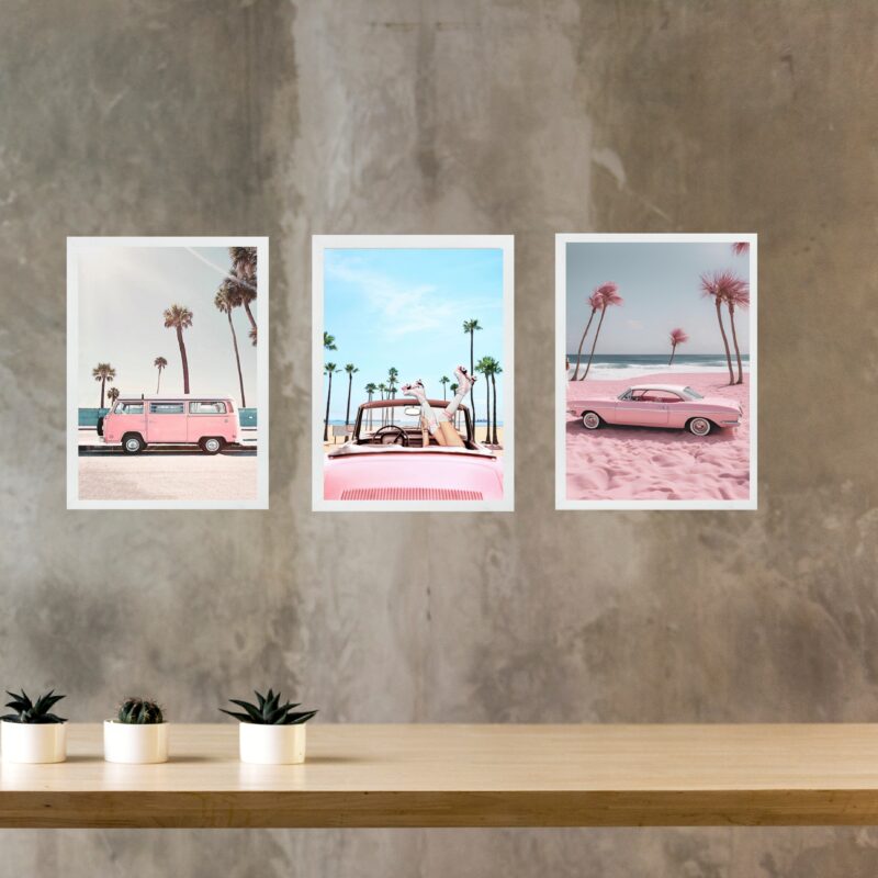 Kit 3 Quadros Decorativos Praia Rosa - Veículos