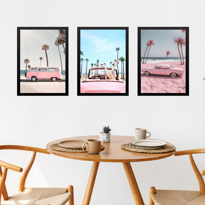 Kit 3 Quadros Decorativos Praia Rosa - Veículos