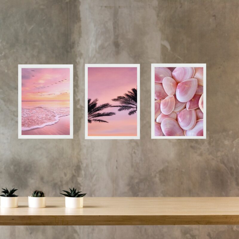 Kit 3 Quadros Decorativos Rosados Praia