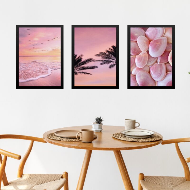 Kit 3 Quadros Decorativos Rosados Praia