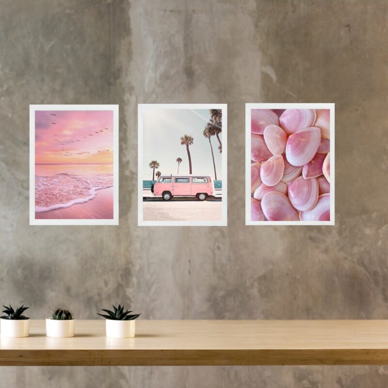 Kit 3 Quadros Fotografias Rosadas Praia b