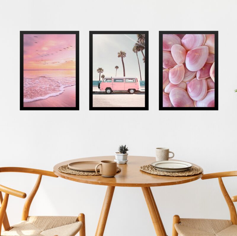 Kit 3 Quadros Fotografias Rosadas Praia