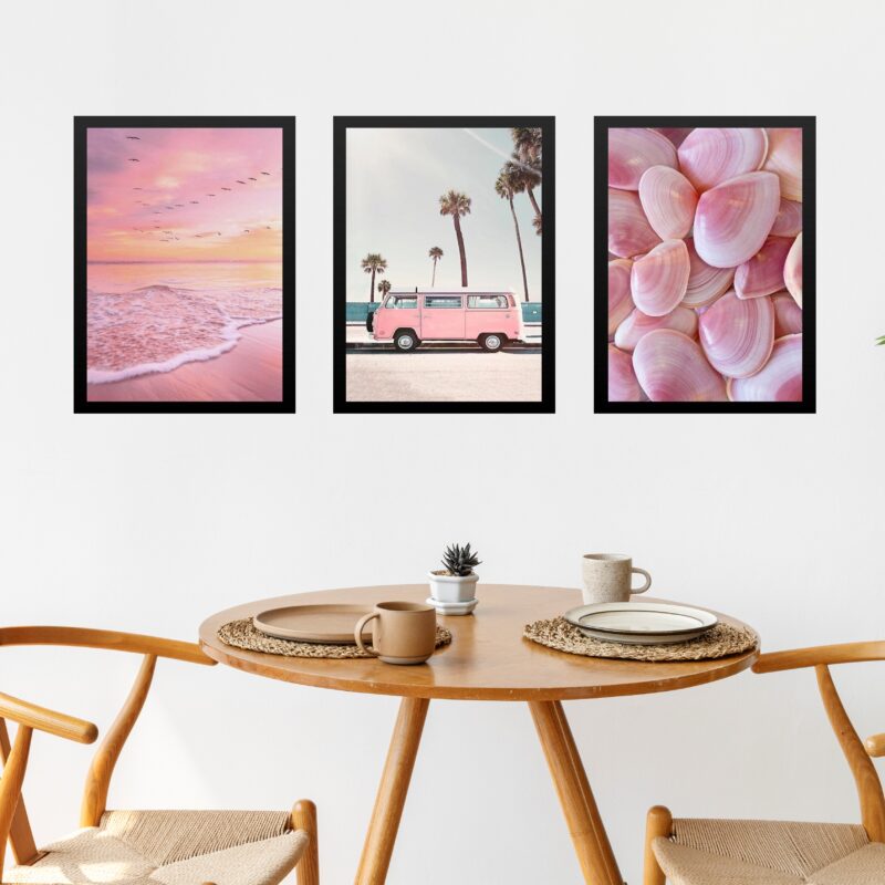 Kit 3 Quadros Fotografias Rosadas Praia