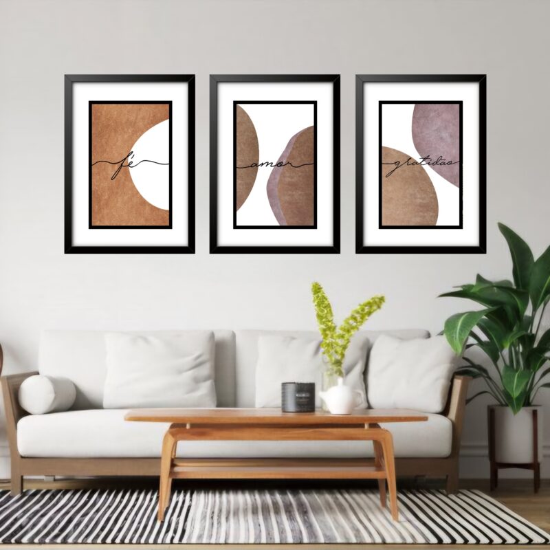 Kit 3 Quadros Grandes Abstrato Fé Amor Gratidão 60x48cm