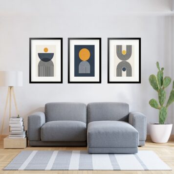 Kit 3 Quadros Grandes Abstratos Circulos Petroleo e Amarelo 60x48cm b