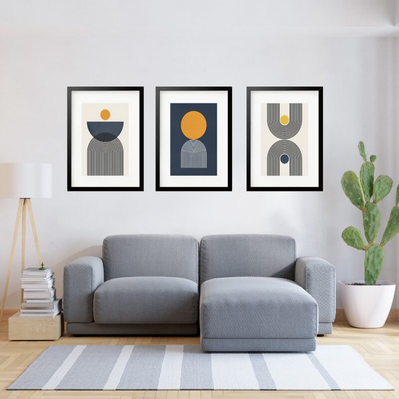 Kit 3 Quadros Grandes Abstratos Circulos Petroleo e Amarelo 60x48cm b