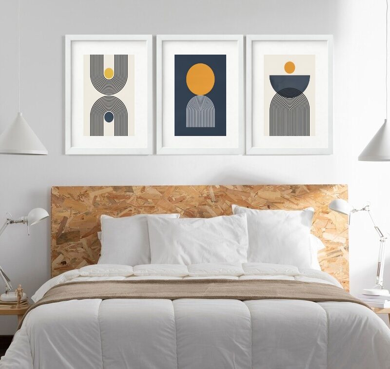 Kit 3 Quadros Grandes Abstratos Circulos Petroleo e Amarelo 60x48cm