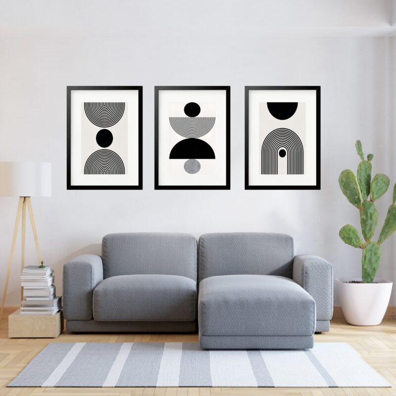 Kit 3 Quadros Grandes Abstratos Circulos Pretos 60x48cm b