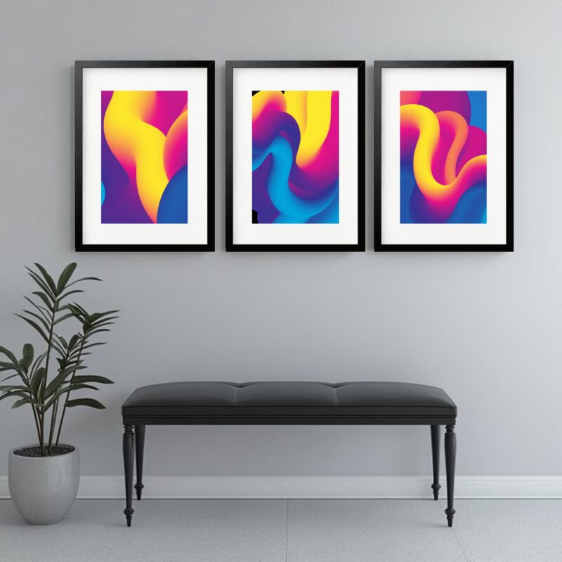 Kit 3 Quadros Grandes Abstratos Cores Quentes Waves 60x48cm b