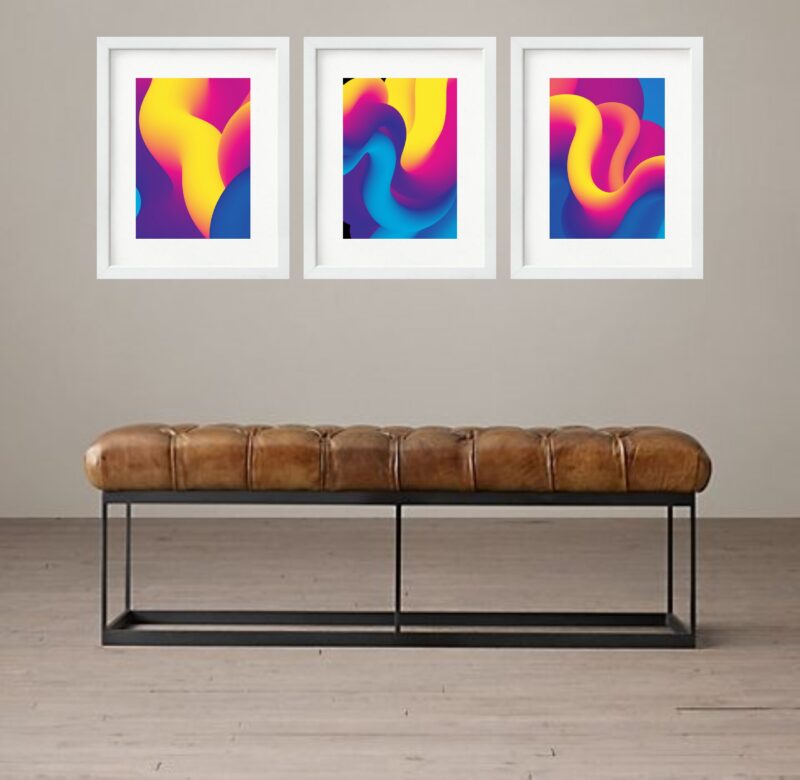 Kit 3 Quadros Grandes Abstratos Cores Quentes Waves 60x48cm