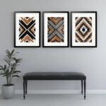 Kit 3 Quadros Grandes Abstratos Formas Marrom, Preto e Branco 60x48cm