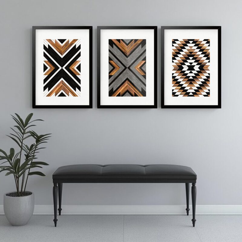Kit 3 Quadros Grandes Abstratos Formas Marrom, Preto e Branco 60x48cm