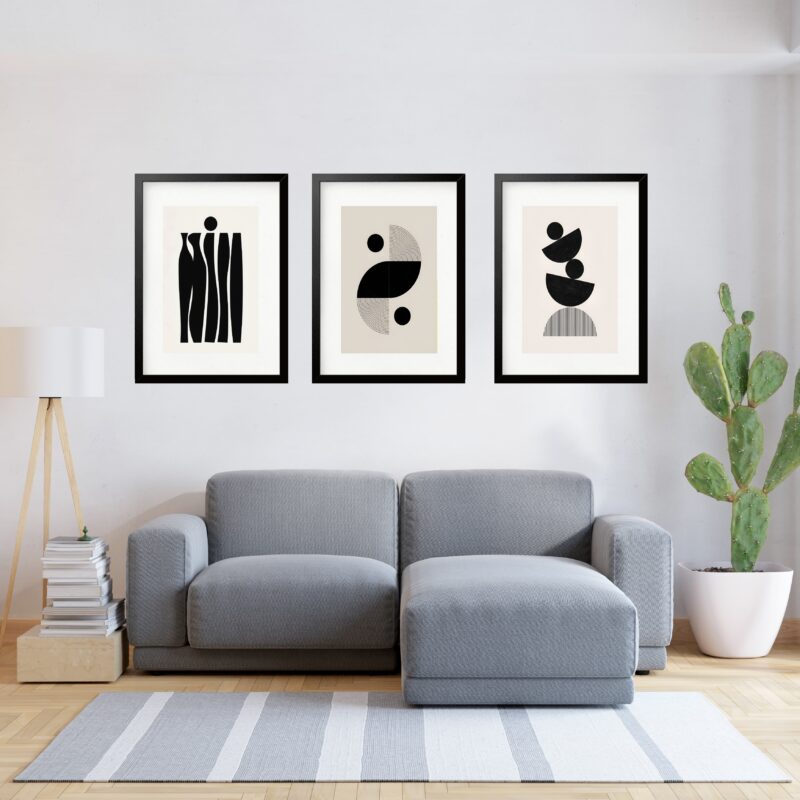 Kit 3 Quadros Grandes Abstratos Formas Pretos 60x48cm b