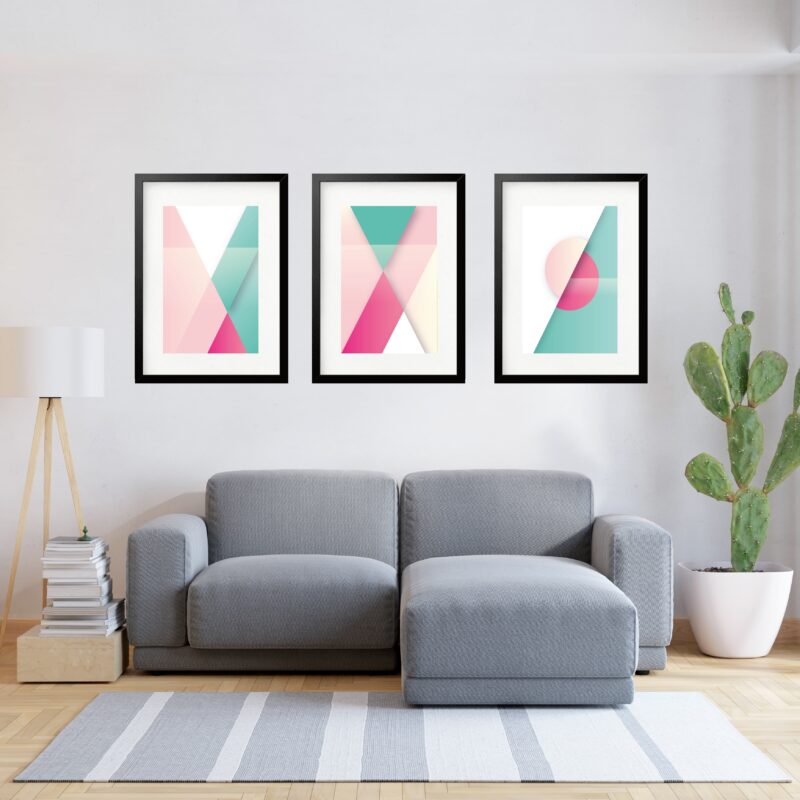 Kit 3 Quadros Grandes Abstratos Formas Verde E Rosa 60x48cm b