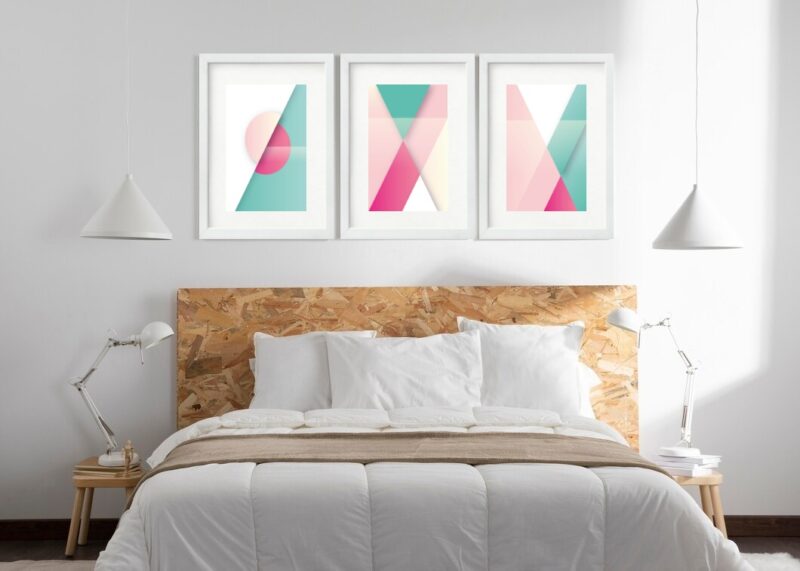 Kit 3 Quadros Grandes Abstratos Formas Verde E Rosa 60x48cm