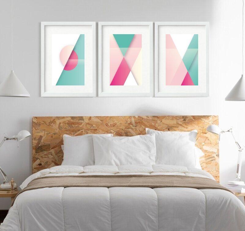 Kit 3 Quadros Grandes Abstratos Formas Verde E Rosa 60x48cm