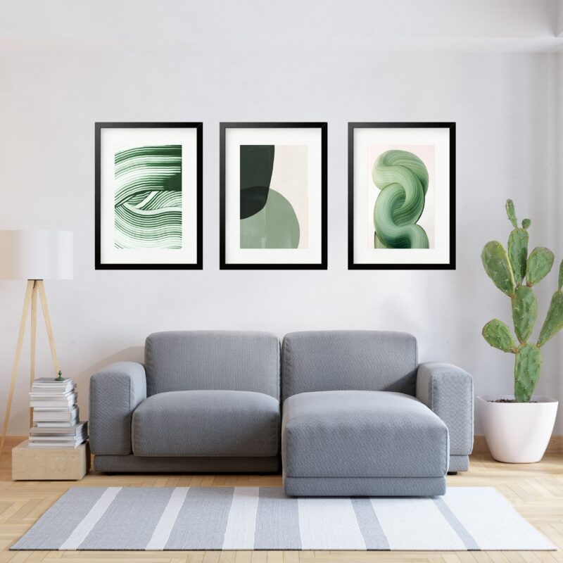 Kit 3 Quadros Grandes Abstratos Formas Verdes 60x48cm b