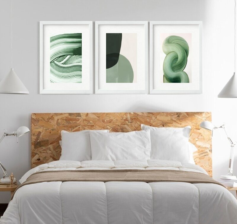 Kit 3 Quadros Grandes Abstratos Formas Verdes 60x48cm