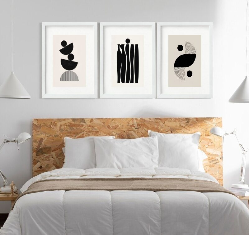 Kit 3 Quadros Grandes Abstratos Formas Pretos 60x48cm