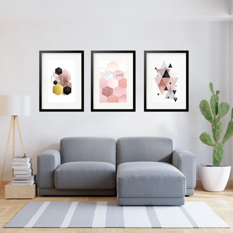 Kit 3 Quadros Grandes Abstratos Hexagonos 60x48cm b