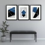 Kit 3 Quadros Grandes Abstratos Marmore Cinza e Azul 60x48cm
