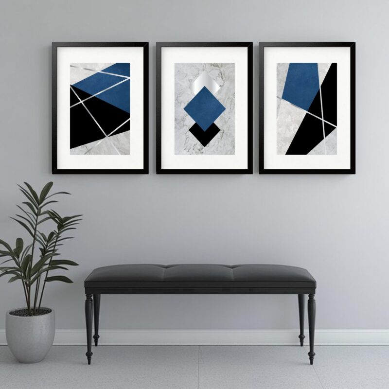 Kit 3 Quadros Grandes Abstratos Marmore Cinza e Azul 60x48cm