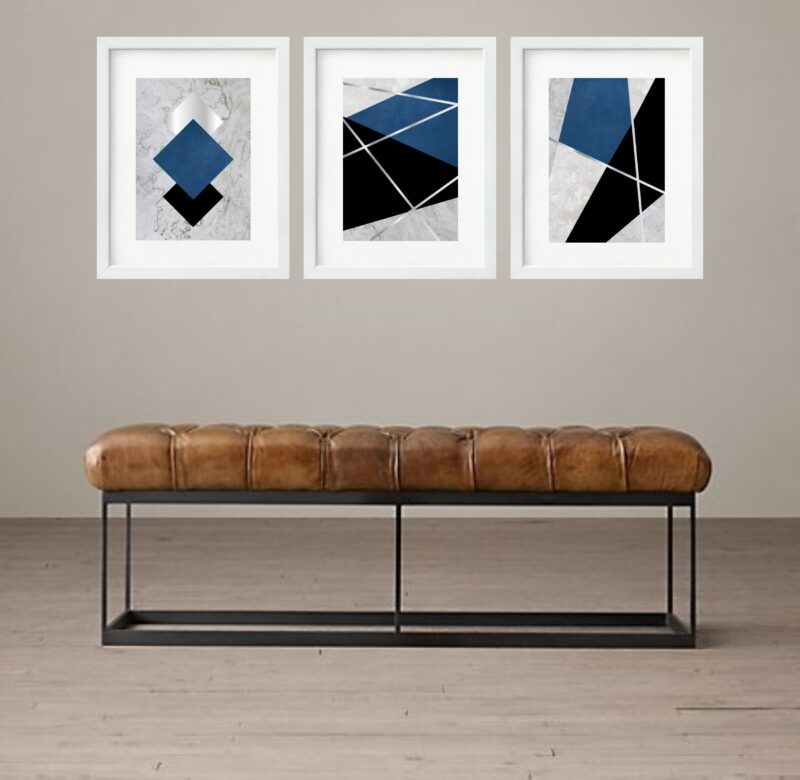 Kit 3 Quadros Grandes Abstratos Marmore Cinza e Azul 60x48cm b