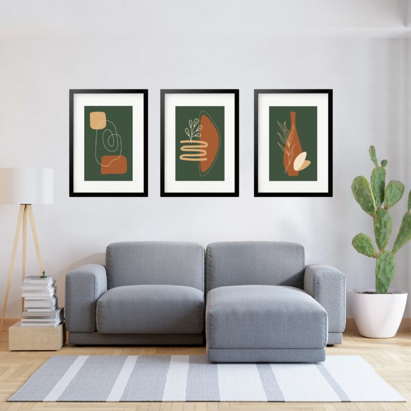 Kit 3 Quadros Grandes Abstratos Marrom e Verde 60x48cm b