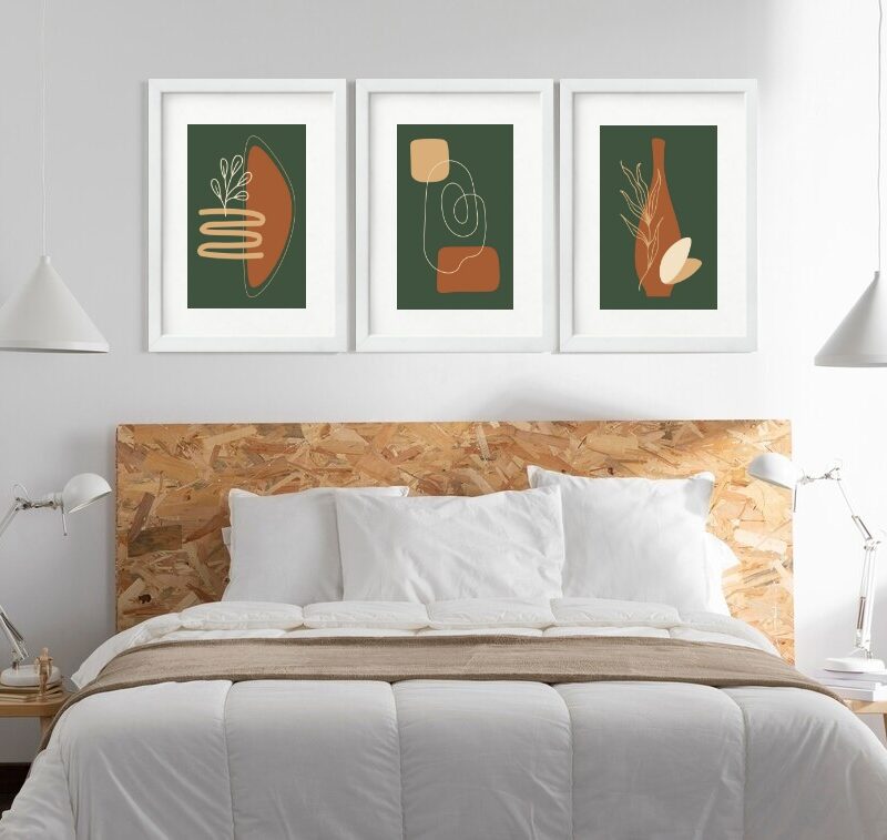 Kit 3 Quadros Grandes Abstratos Marrom e Verde 60x48cm