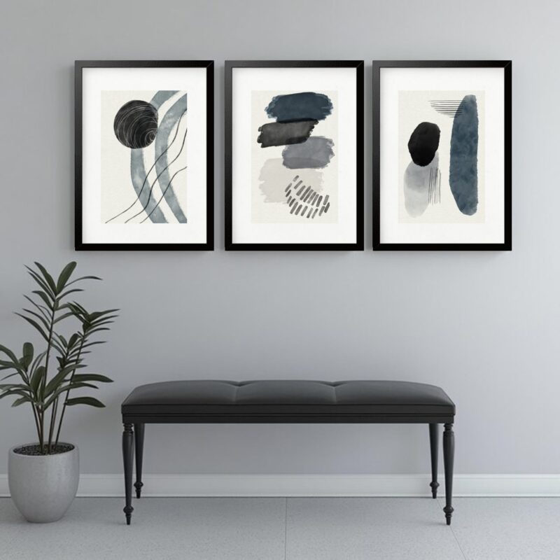 Kit 3 Quadros Grandes Abstratos Minimalista Cinza 60x48cm