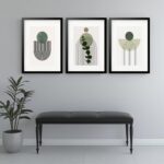 Kit 3 Quadros Grandes Abstratos Minilmalista Verde Folhagem 60x48cm