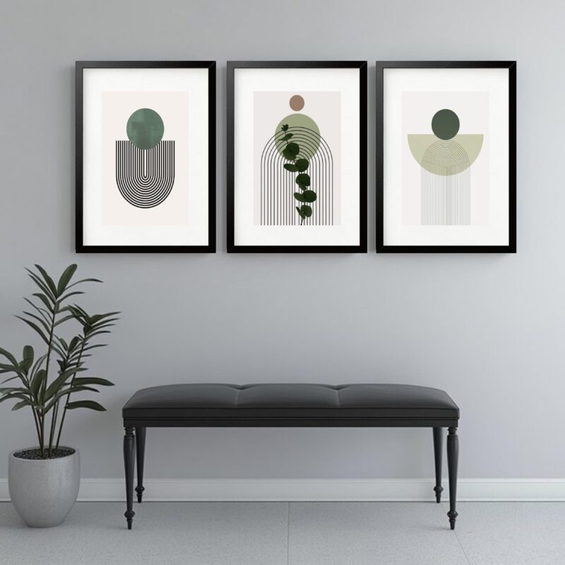 Kit 3 Quadros Grandes Abstratos Minilmalista Verde Folhagem 60x48cm
