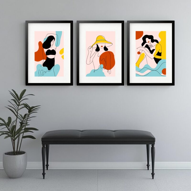Kit 3 Quadros Grandes Abstratos Mulheres Praia 60x48cm