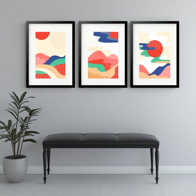 Kit 3 Quadros Grandes Abstratos Paisagens Montanhas 60x48cm