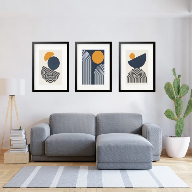 Kit 3 Quadros Grandes Abstratos Petroleo e Amarelo 60x48cm