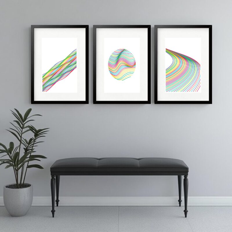 Kit 3 Quadros Grandes Abstratos Rainbow Waves 60x48cm