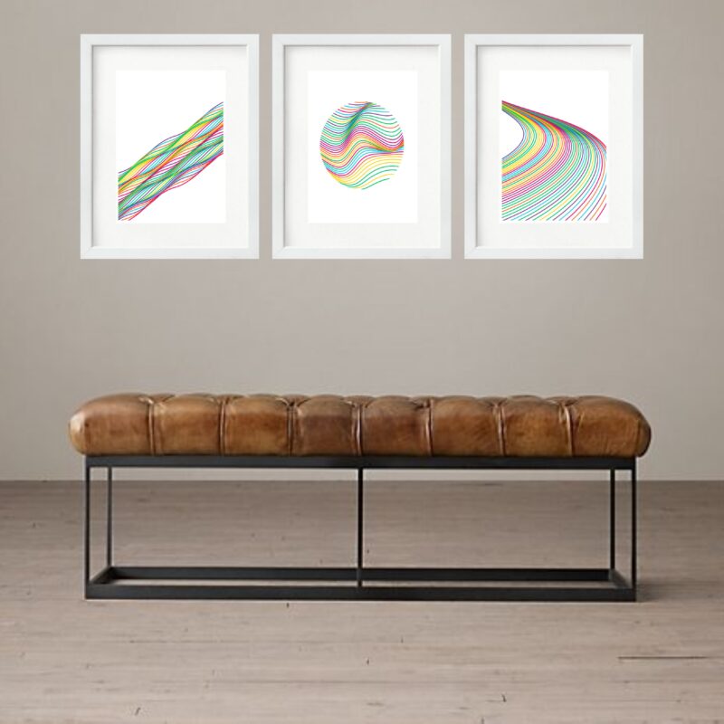 Kit 3 Quadros Grandes Abstratos Rainbow Waves 60x48cm b