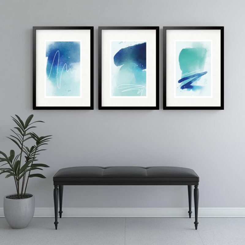 Kit 3 Quadros Grandes Abstratos Soft Azul 60x48cm