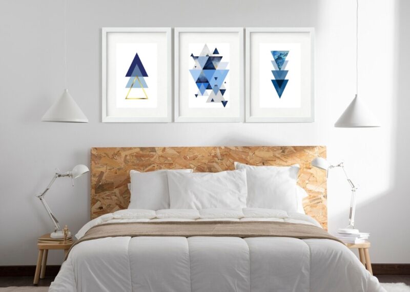 Kit 3 Quadros Grandes Abstratos Triangulos Azuis 60x48cm b