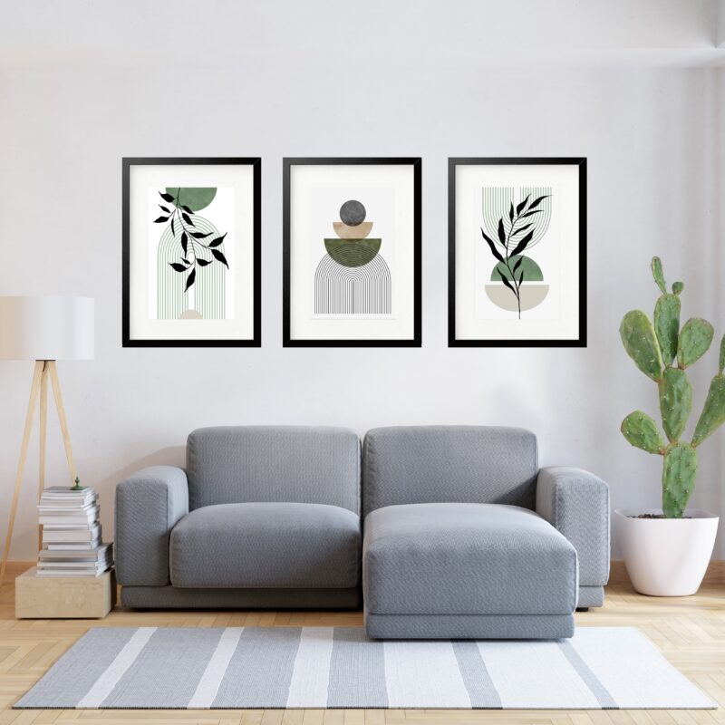 Kit 3 Quadros Grandes Abstratos Verde Folhagens 60x48cm
