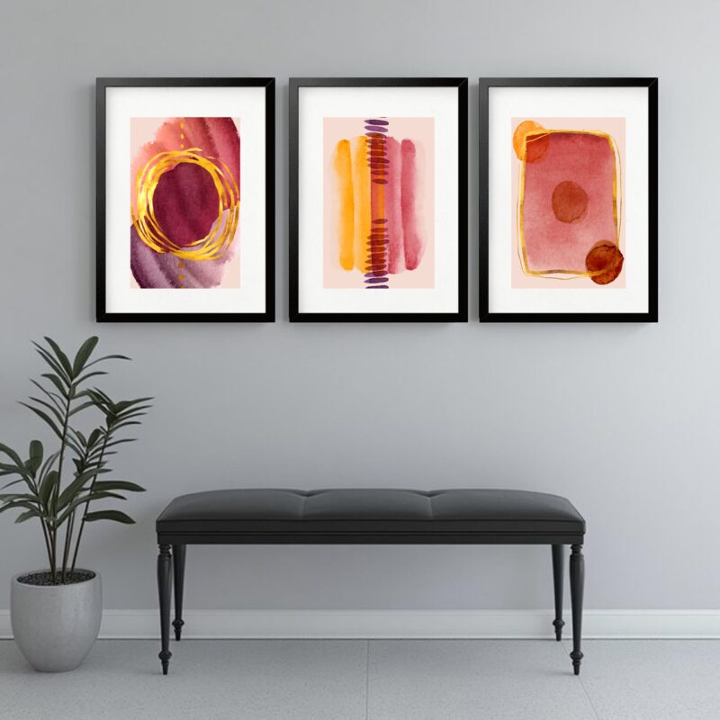 Kit 3 Quadros Grandes Abstratos Vermelho e Dourado 60x48cm