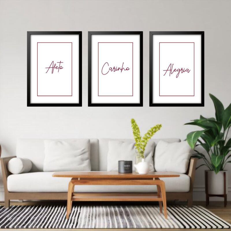 Kit 3 Quadros Grandes Afeto Carinho e Alegria 60x48cm