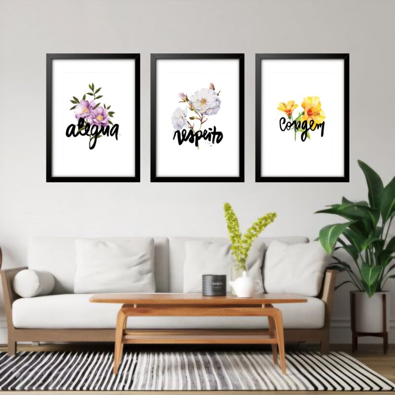 Kit 3 Quadros Grandes Alegria Coragem Respeito 60x48cm