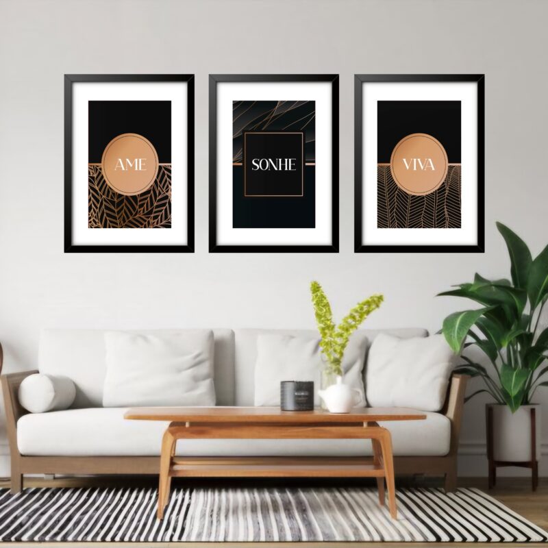 Kit 3 Quadros Grandes Ame Sonhe Viva 60x48cm