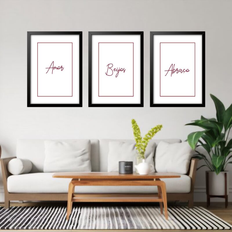 Kit 3 Quadros Grandes Amor Beijos e Abraço 60x48cm