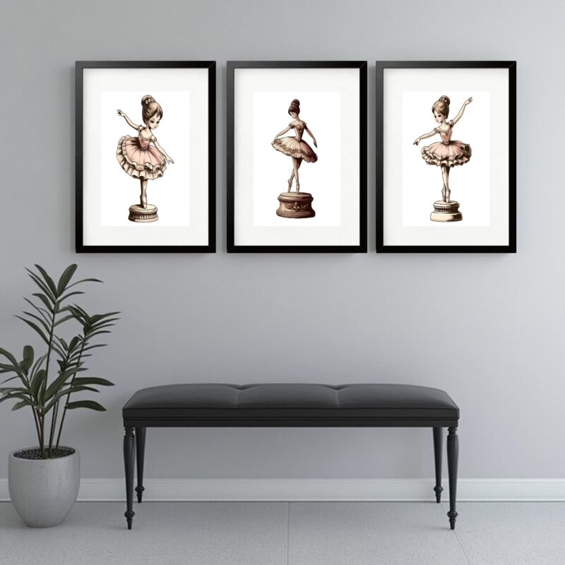 Kit 3 Quadros Grandes Bailarinas Caixinha de Música - 60x48cm