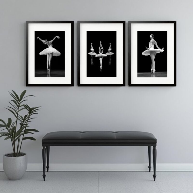 Kit 3 Quadros Grandes Bailarinas P&B - 60x48cm