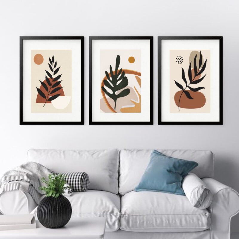 Kit 3 Quadros Grandes Boho Folhas - 60x48cm