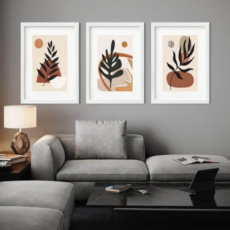 Kit 3 Quadros Grandes Boho Folhas - 60x48cm b
